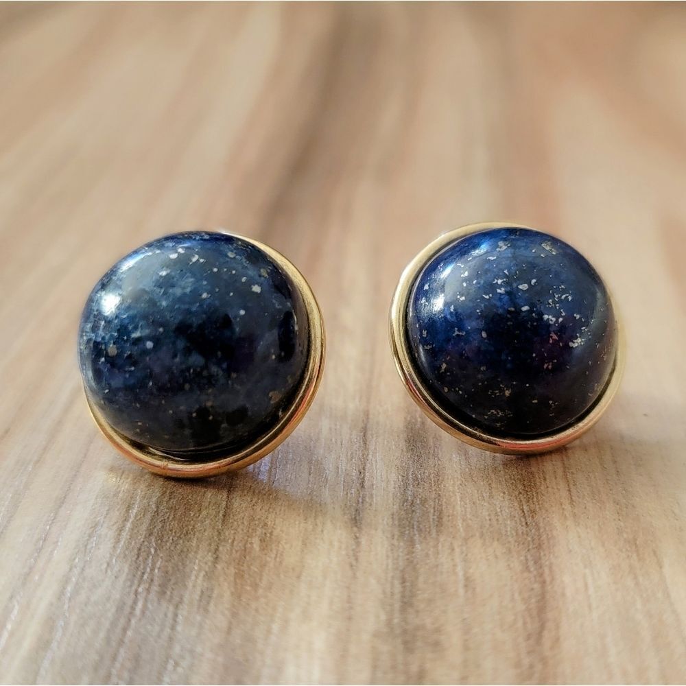 Vintage Estate Natural Blue Lapiz Lazuli Huge Cobachon Stud Earrings Dauplaise
